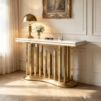 Table console d'appoint moderne à 1 étagère avec cadre à lattes verticales en acier inoxydable de luxe, mobilier de salon de marque standard, décoration intérieure