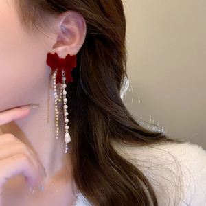 Fashion Jewelry Women <b>French</b> <b>Vintage</b> Wine Red Bowknot Rhinestone Pearl Tassel Stud Earrings Alloy Gold Plated Designer - Product Image 2