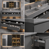 Meuble-lavabo double vasque moderne suspendu avec miroir LED, ensemble de meuble-lavabo gris mural avec rangement pour projets hôteliers