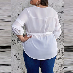 העליון שרוול שלושה רבעי מוצק אלגנט לנשים עם עלים עגולים חצי-גובי בתוספת גודל חגורת החולצה גודל קישוט הדפסה אלגנטי - Product Image 4