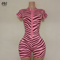 Combinaison Courte Femme Camouflage à Fermeture Éclair sur le Devant, Manches Courtes, Coupe Ajustée, Imprimé Camouflage, Une Pièce, Extensible, Moulante