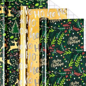 Christmas Wrapping <b>Paper</b> Rolls Green Gold Reindeer Berry <b>Pattern</b> 17x120in 42.5 Sq Ft Recyclable Gift Wrap Set - Product Image 3