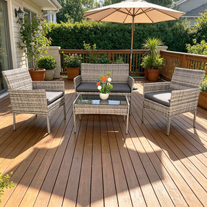 Set di Mobili <span class=keywords><strong>da</strong></span> <span class=keywords><strong>Giardino</strong></span> in Rattan PE a Quattro Pezzi, Set Divano <span class=keywords><strong>da</strong></span> Esterno <span class=keywords><strong>con</strong></span> Cuscini Grigi e Tavolino <span class=keywords><strong>con</strong></span> Piano in <span class=keywords><strong>Vetro</strong></span> - Product Image 2