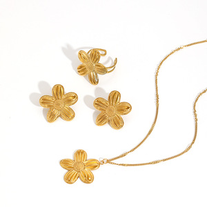 Flower Necklace Earrings <b>Ring</b> <b>Set</b> 18k <b>Gold</b> Plated Stainless Steel Women's Everyday Wear Jewelry <b>Set</b> - Product Image 3