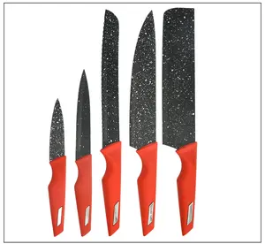 5pcs现代设计碳不锈钢不粘陶瓷菜刀套装，带红色喷涂橡胶塑料手柄