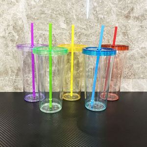 Vasos de agua de plástico duro transparente de una sola capa, creativos, portátiles, de 16 oz, con tapa y pajita. - Product Image 1