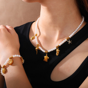 European American Seaside Resort Style Seashell Starfish Faux Pearl Necklace <b>Bracelet</b> <b>Set</b> Women's Party Jewelry - Product Image 4