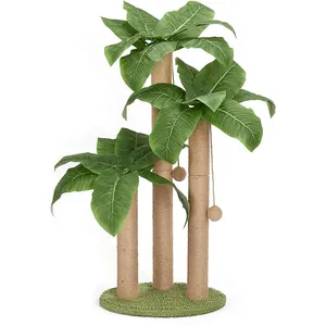 Wholesale Custom Brown Rattan Cat Scratching Post Real Tree Scratcher Sisal Pet House Play Condo Luxury Cat Tree With Leaves