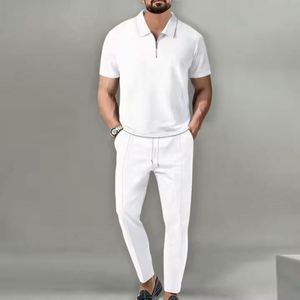 I-0497 Wholesale Eco-Friendly <b>Knitted</b> Street Wear Men's Formal Two-Piece Summer <b>Set</b> Solid Color Collar Short-Sleeved Turtleneck - Product Image 3