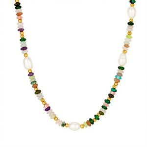 Collar de Cadena con Eslabones de Arcoíris y Dijes de Perlas de Imitación en Acero Inoxidable, Estilo Bohemio, Color Dorado - Product Image 1