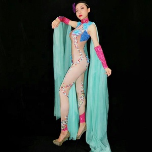 Elf Fata Fiore Del <span class=keywords><strong>Costume</strong></span> Moderno Femminile Cantante di Nightclub Tuta Dj Strass a Mano Del Manicotto Del Mantello Del Gogo Vestito Fase Costumi - Product Image 5