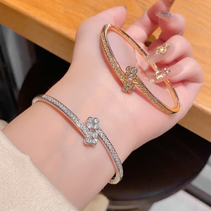 Korean Style <b>Bracelet</b> Gold Silver Flower Petal Micro Insert <b>Copper</b> Alloy Women's Wedding Jewelry Geometric Fashion Bangle - Product Image 1
