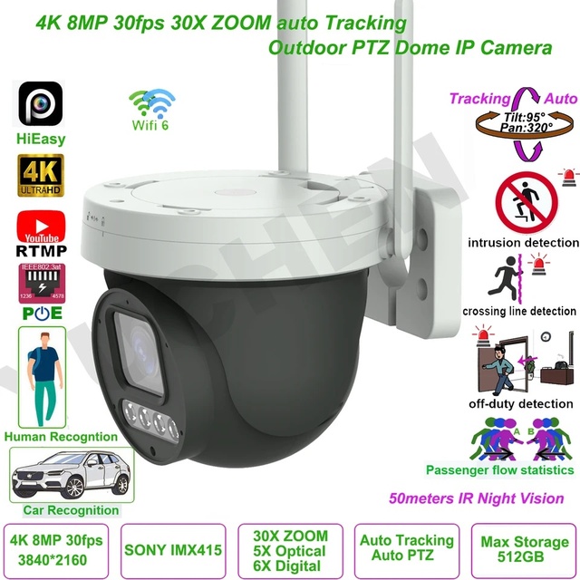 Wireless 8MP 4K HiEasy 30fps 30X ZOOM Wifi POE Human Auto Tracking RTMP PTZ IP Camera RTMP Hik Protocol Max 512G SD TF 50M IR