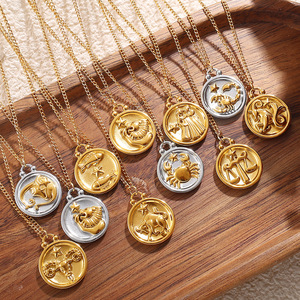 Collier pendentif vintage avec signe du zodiaque en relief, collier minimaliste de luxe en acier inoxydable polyvalent pour femmes - Product Image 1
