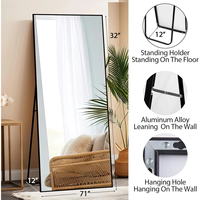 Miroir pleine longueur rectangulaire en alliage d'aluminium avec cadre LED, sur pied ou mural, pour la maison, la salle de sport, le salon