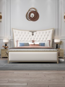 Lit plateforme moderne rembourré, taille King, avec tête de lit capitonnée, design beige et rose - Product Image 1