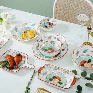 Plato de Cerámica con Diseño de Cuento de Hadas, Estilo Japonés, Plato Plano de Porcelana para Hornear con Dos Asas - Product Image 3