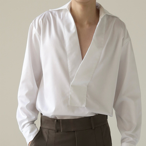 Chemises en coton de qualité supérieure, légères, décontractées, personnalisées, chemises à manches longues à col en V pour hommes, couleur <span class=keywords><strong>blanche</strong></span>, pour l'été - Product Image 1