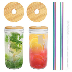 Glass <strong>Tumbler</strong> Reusable Boba Tea Cups With Lid and Straw, Travel Mug High Borosilicate Wide Mouth Glass <strong>Mason</strong> <strong>Jar</strong> with Bamboo Lid - Product Image 1