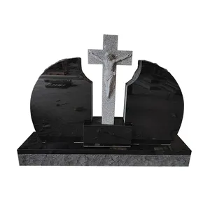 Travail à la main en granit noir et gris Jésus Statue Croix Pierre tombale