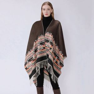 Poncho Châle Classique Long et Chaud d'Hiver à Capuche Ouverte avec Pompons, en Acrylique, Style Mexicain, pour Femme, en Laine, à Motifs - Product Image 1