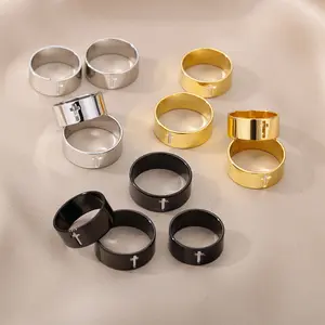 ゴーパーティーステンレススチールリングクラシックシンプルプレーンクリスチャンクロス宗教的な結婚指輪リング中空クロスフィンガーリング
