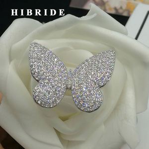 HIBRIDE Clear Big Butterfly Tamaño ajustable Anillos DE BODA Color oro blanco Micro Rhinestone Pave Anillos Mujer - Product Image 1