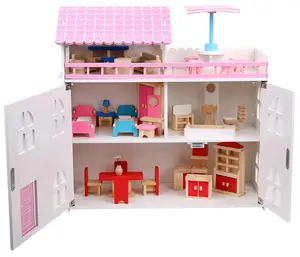 Pink miniatur kayu rumah boneka Model vila dengan mebel mainan anak miniatur DIY rumah boneka mainan anak perempuan furnitur rumah