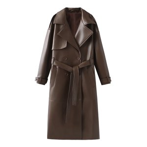 Cappotto <span class=keywords><strong>Trench</strong></span> Classico da <span class=keywords><strong>Donna</strong></span> in <span class=keywords><strong>Ecopelle</strong></span> di Media Lunghezza con Colletto Rovesciato Tinta Unita - Product Image 1