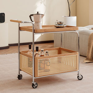 Solid Wood Storage Cart With Rattan Shelf Stainless Steel Frame Living Room <b>Bar</b> Cart - Product Image 2