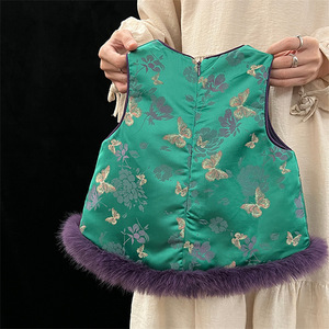 Tongxingyuan Girls Satin Jacquard Vest Thickening Flowers Purple Fur Trim Winter Chinese Style Sleeveless Qipao Coat - Product Image 4
