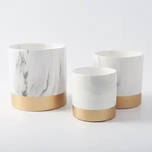 Nordic creative marble pot indoor decor cylinder round shape ceramic flower plant pots with gold rim