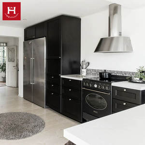 HAPPY HOUSES Ensemble <span class=keywords><strong>d</strong></span>'armoires de cuisine en bois massif de style industriel moderne noir avec comptoirs blancs, îlot de cuisine, armoire de rangement - Product Image 2