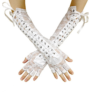 Gants longs pour femmes de haute qualité, sexy, en dentelle noire et blanche, à demi-doigts, avec ruban, pour fête d'Halloween - Product Image 4