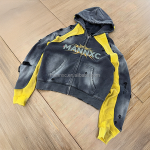 Sudadera con capucha <span class=keywords><strong>de</strong></span> felpa francesa 100% algodón con logo personalizado, efecto desgastado vintage, estilo streetwear, estampado serigrafiado, con cremallera, oversize y corte cropped. - Product Image 1
