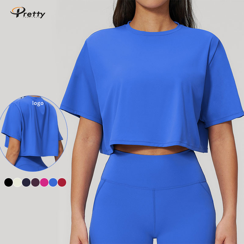 Custom Logo Cropped Loose Round-neck T-shirt Yoga Short-sleeved Round Collar Sports Shirt Outdoor Running Fitness Short-sleeved