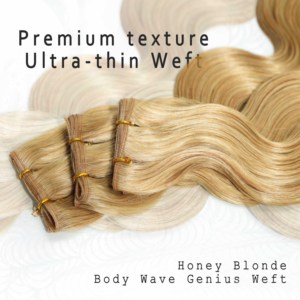 Factory Direct Remy Hair Super Double Drawn Body Wave Genius Weft Hair Extension 14A Honey Blonde Human Hair Genius Weft Bundles - Product Image 2