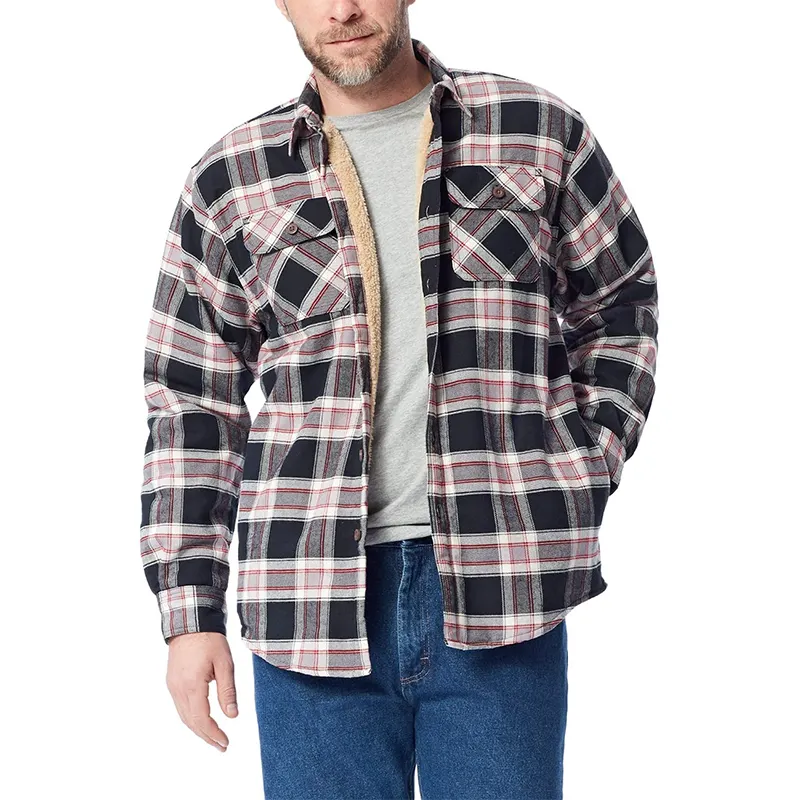 Custom Flannel Sherpa Lined Mens plaid Shirt casual full sleeves plus size flannel shirts