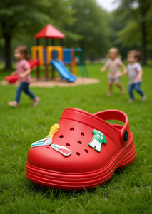 รองเท้าแตะเด็กสีแดง ไซส์ 22 พร้อมเข็มกลัดลายการ์ตูน  หน้าผ้าพลาสติก พื้นรองเท้า EVA - Product Image 2