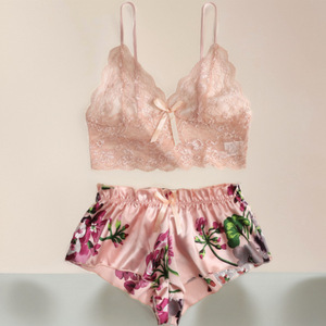 Ensemble deux pièces floral à manches courtes avec soutien-gorge sexy en dentelle push-up et lingerie sans couture pour femme – Bralette et sous-vêtements élégants - Product Image 6