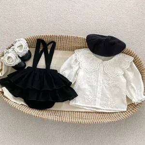 2024 New Baby Clothes Spring Girl Baby Solid Color Big Lapel Shirt Strap Bag Pants Baby Suit