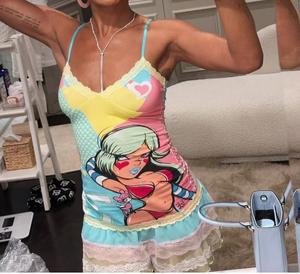 PEEQI 2565 Nuovi Abiti Estivi alla Moda per Donne, Vestiti Sexy con Stampe Cartoon, <span class=keywords><strong>Abito</strong></span> Snellente con Inserti in <span class=keywords><strong>Pizzo</strong></span> e Pieghe, <span class=keywords><strong>Mini</strong></span> Abiti per Donne - Product Image 3