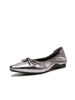Ballerines d'été personnalisées pour femmes en cuir véritable, argentées métallisées, à bout pointu, avec nœud, souples et lumineuses