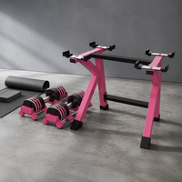 Ensemble d'haltères en fonte recouvertes de caoutchouc rondes roses et noires avec support pour exercices corporels, réglables de 7 à 20 kg