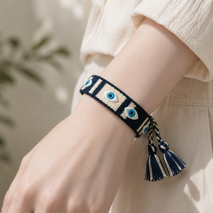 Braccialetto Etnico con Nappa Intrecciato a Mano, Personalizzabile con Logo, Regolabile, Stile Boho, con Occhio Blu Contro il Malocchio, per Uso Quotidiano Femminile - Product Image 2