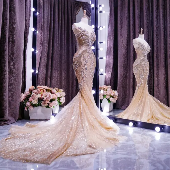 Ruolai QW01703 Luxury Girl Sheer Glitter Rhinestone Mermaid Golden Bride Gown diamond wedding dress