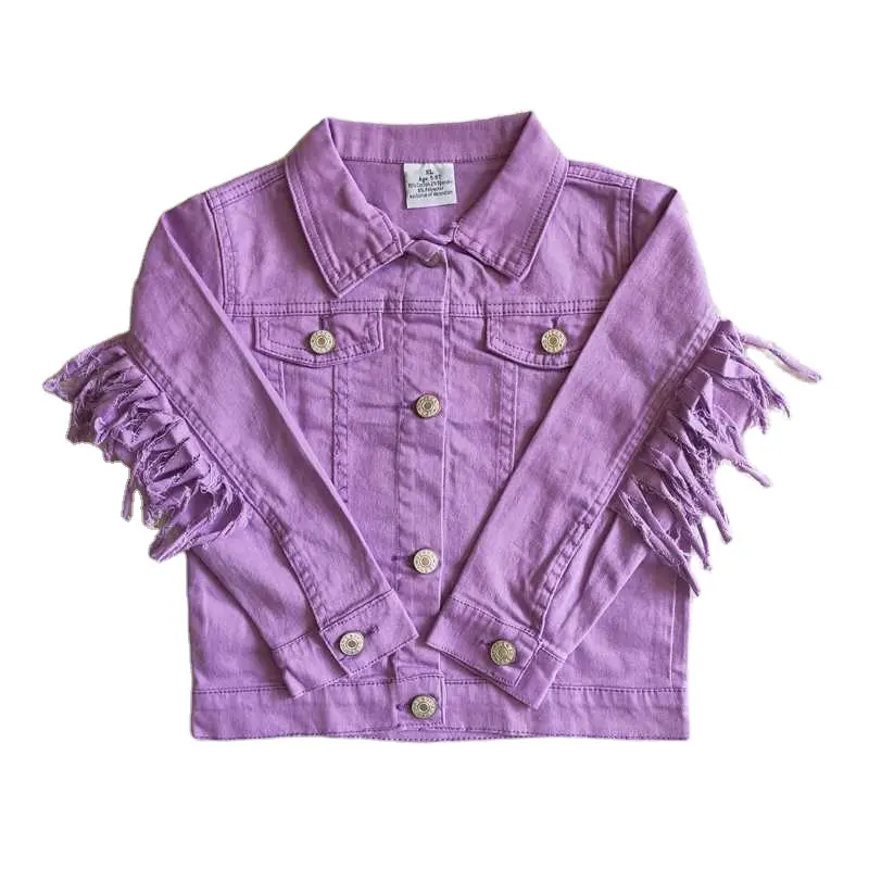 Manteaux en Denim à franges de couleur unie pour enfants, vêtements de boutique, vêtements en gros, vestes de haute qualité pour bébés filles, automne, printemps et hiver