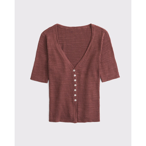 LEDUO Casual Daily Style Ribbed Knitted Women's V-Neck Knot <b>Down</b> Short Sleeve Top - Product Image 1