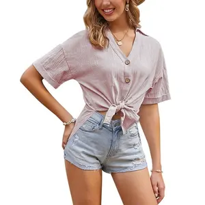 OEM FTY-camisa de encaje con manga murciélago para mujer, Blusa femenina con botones y lazo Frontal, ropa de moda
