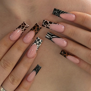 24 <span class=keywords><strong>Uñas</strong></span> Postizas Acrílicas Medianas, Diseño Francés Ballet, Lazo de Leopardo, Cuadradas, Cobertura Total, Estilo Stiletto, Puntas de <span class=keywords><strong>Uñas</strong></span> a Presión, Logotipo Personalizado - Product Image 2